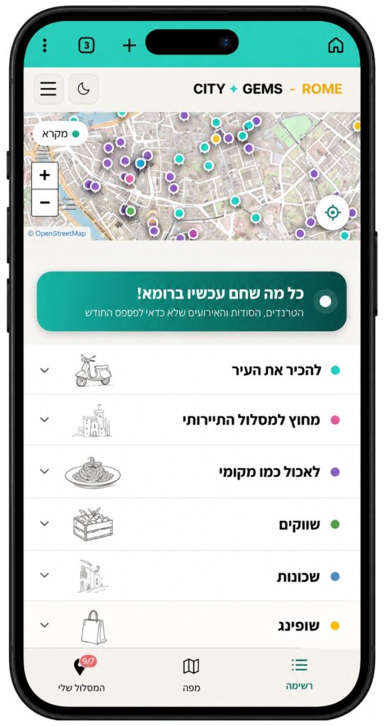 מסך הקטגוריות במדריך CITYGEMS לרומא — מסעדות, שווקים, תצפיות ועוד
