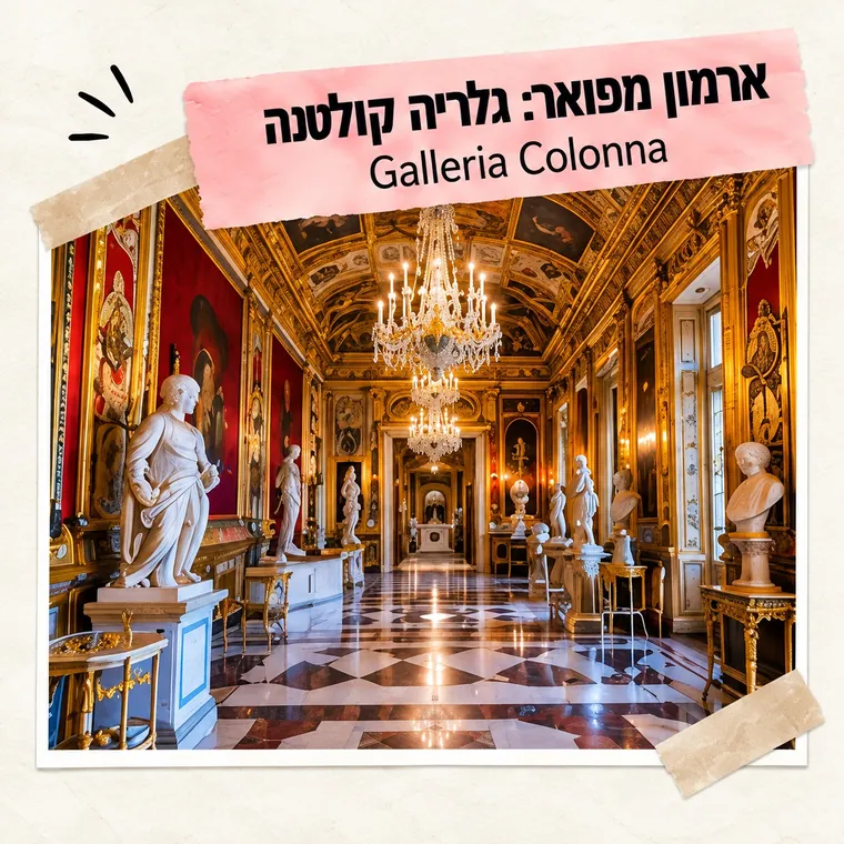 האולם הגדול בגלריה קולונה ברומא עם ציורי תקרה ונברשות